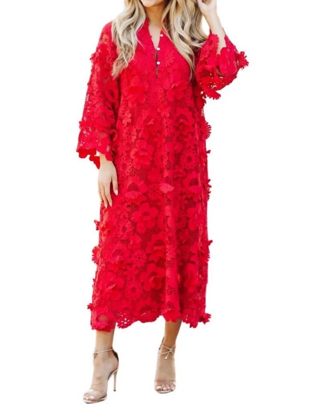 Red Floral Lace Midi Dress with 3D Embellishments